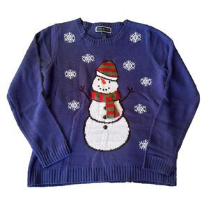 Karen Scott Sweater Sz L Blue Snowman Snowflake Sequined Holiday Christmas Knit